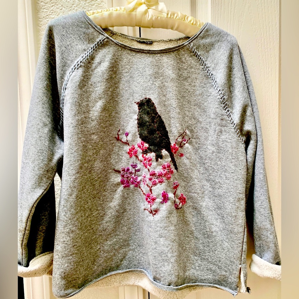 Handmade cozy embroidered blackbird cherry blossom sweatshirt